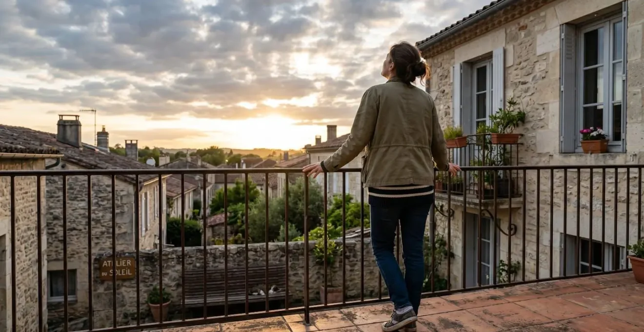 Personne de dos observant la position du soleil en fin d'après-midi depuis une terrasse résidentielle