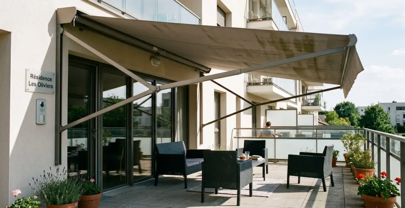 Terrasse résidentielle contemporaine avec store banne déployé projetant une ombre diagonale sur le sol en milieu d'après-midi