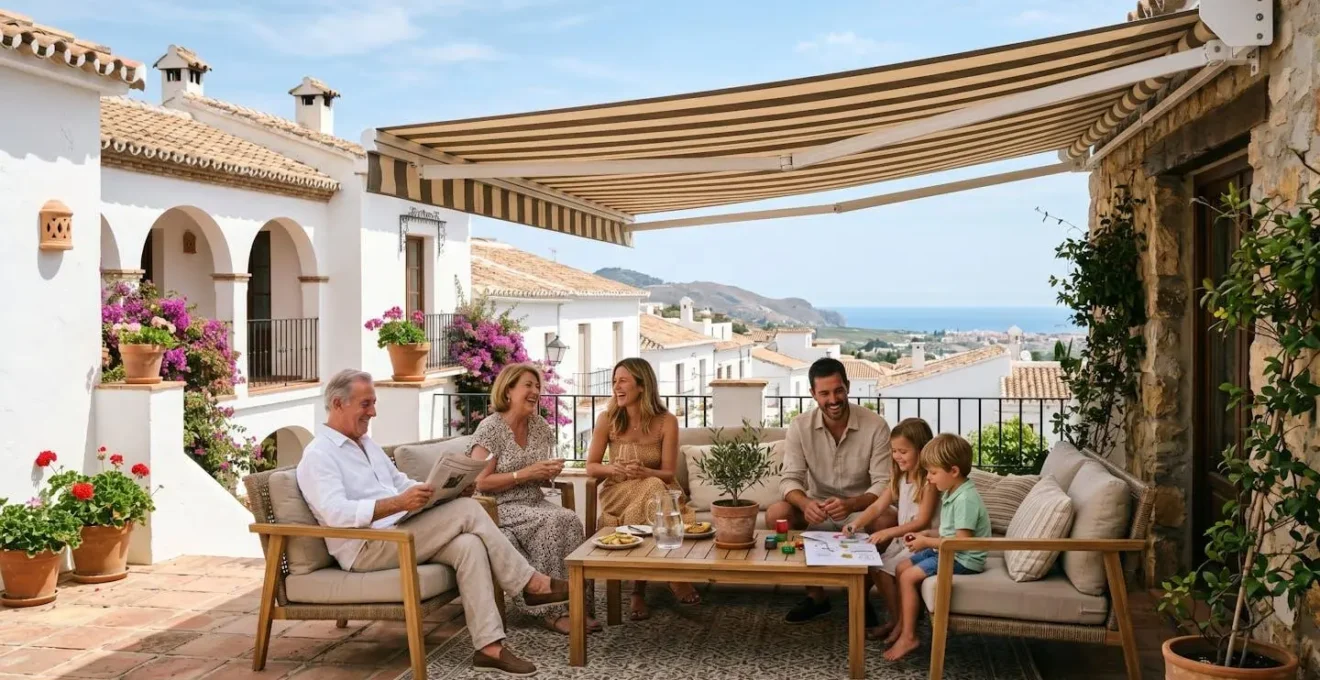 Terraza amplia con toldo a medida extendido, protegiendo a una familia del sol de verano