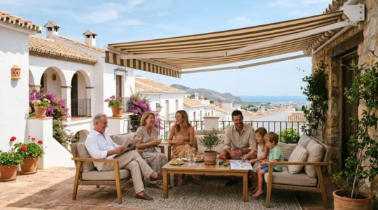 Terraza amplia con toldo a medida extendido, protegiendo a una familia del sol de verano